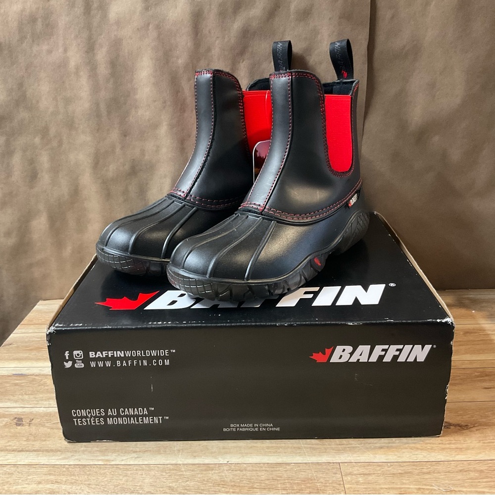 Women’s Baffin Huron Boots 7 Red Black Mud Waterproof Leather Slip On Muck Duck